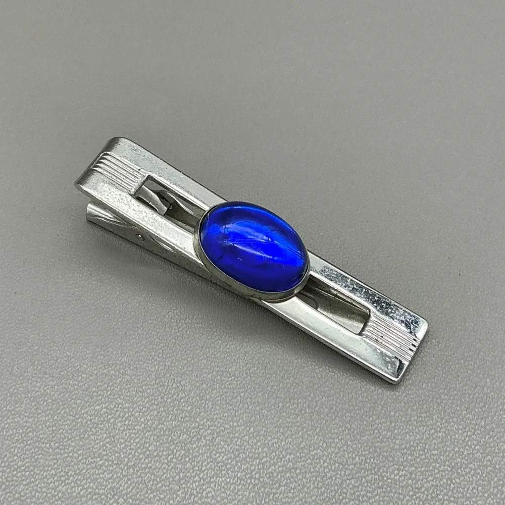 Anson Blue Glass Cabochon Tie Clip Silver Tone Vintage Men's Necktie Bar